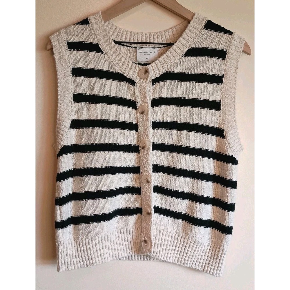 Soho‎ & Stella Cream Black Striped Sweater Vest XL Button Front Textured Knit